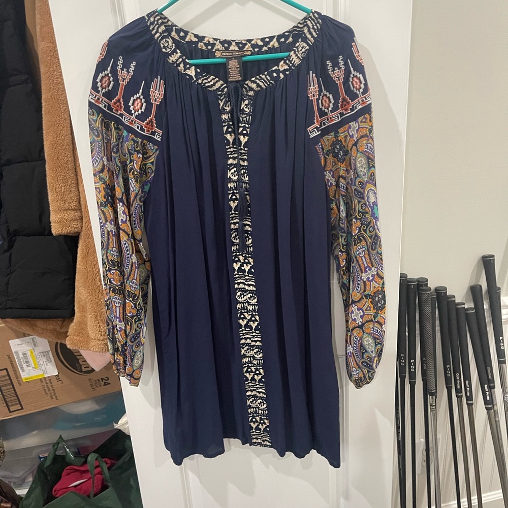 Flying Tomato Navy Boho Tunic Dress with Paisley Long Sleeves